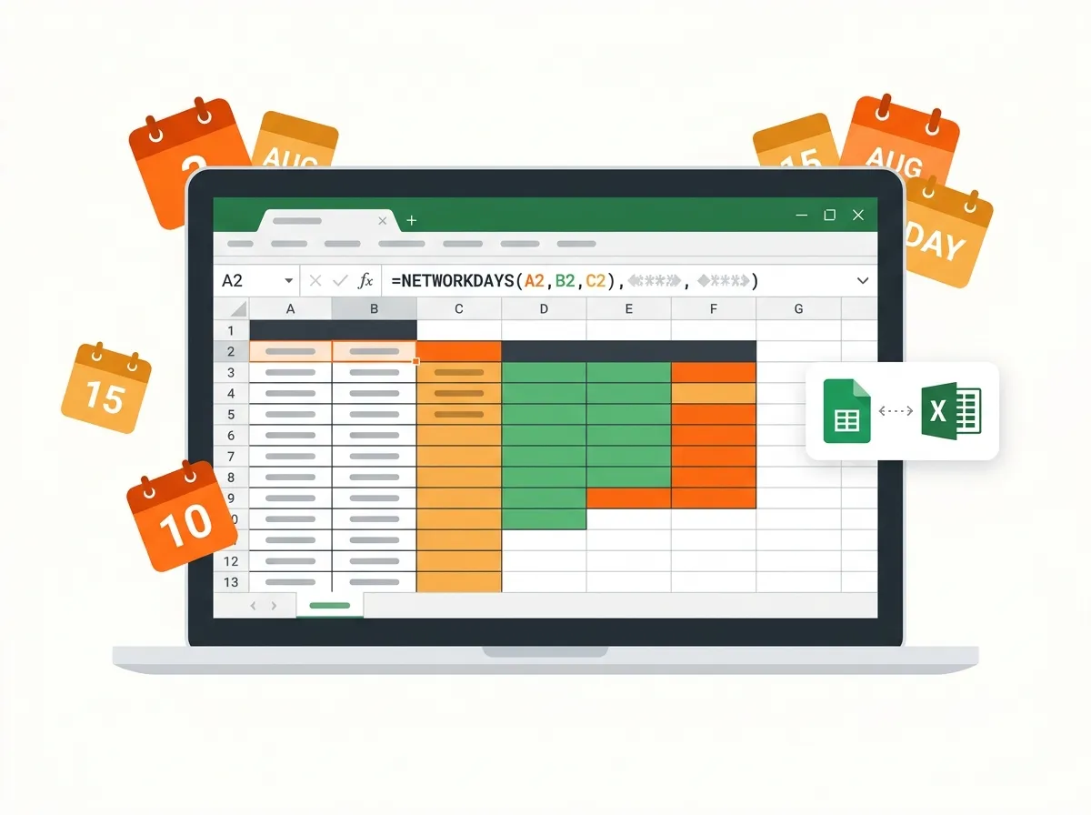 Ilustração de planilha Excel com fórmula de cálculo de dias úteis